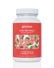 Gemma Stay On Tract cranberry PACs bottle front for daily urinary wellness.