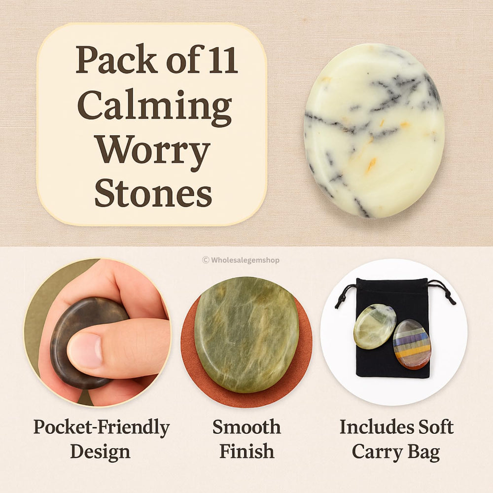 GEMSCITE worry stones close-up crystal texture for tactile meditation.