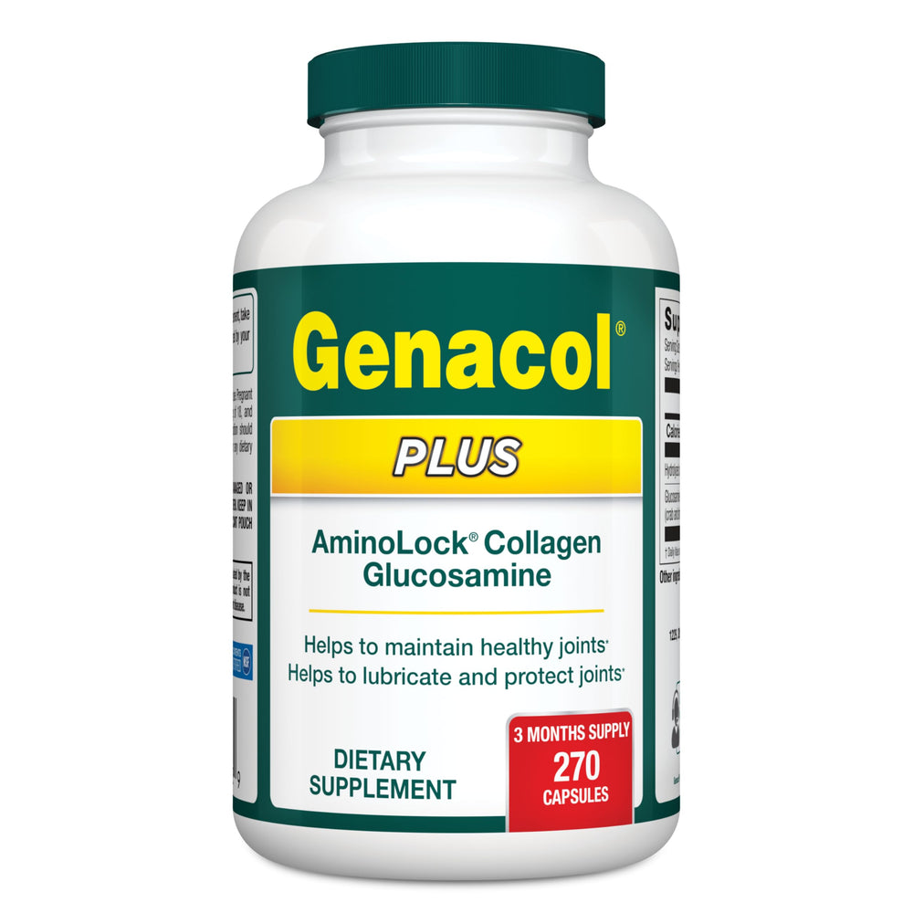 Genacol bottle with glucosamine and collagen 270 capsules for joint support.