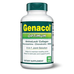 Genacol Optimum bottle label close-up highlights ingredients and packaging.