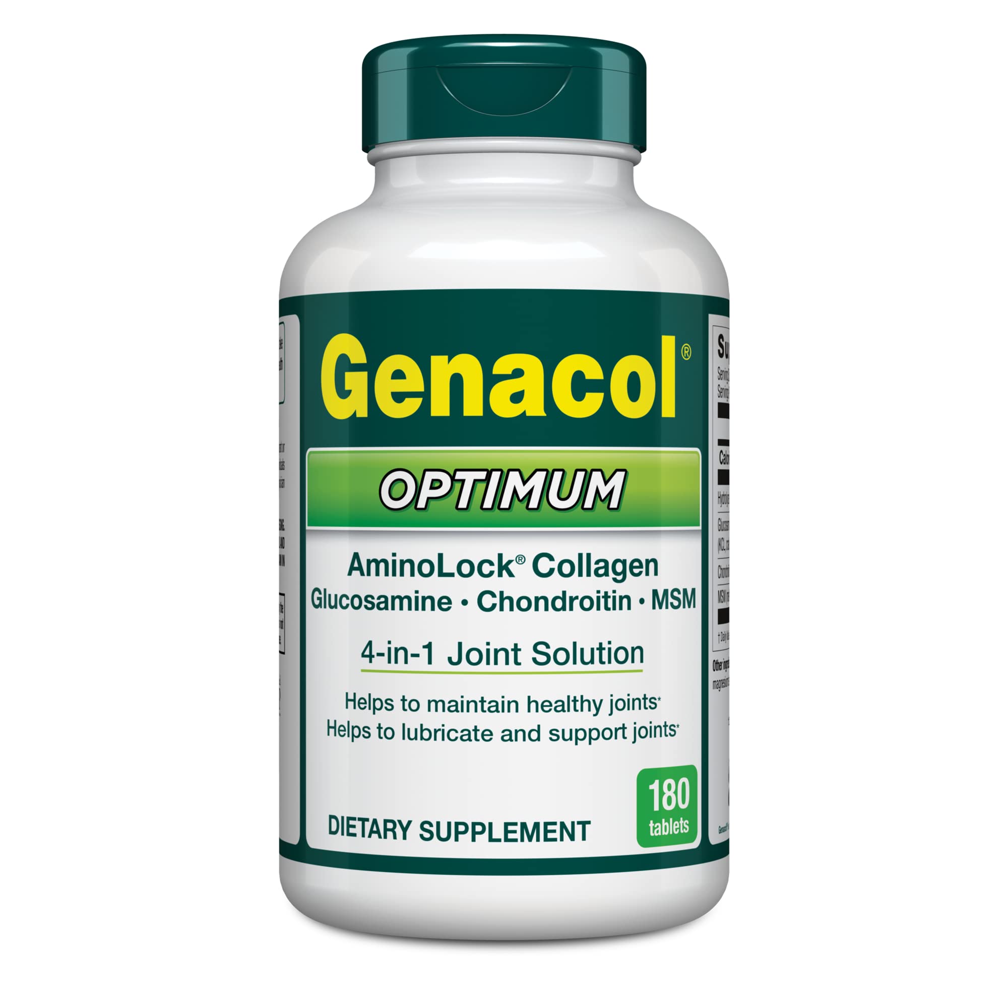 Genacol Optimum bottle shows glucosamine and collagen for joint support.