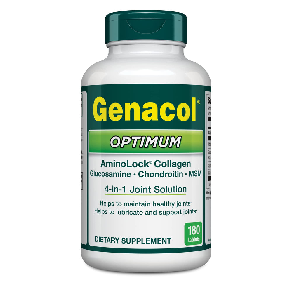 Genacol Optimum bottle shows glucosamine and collagen for joint support.