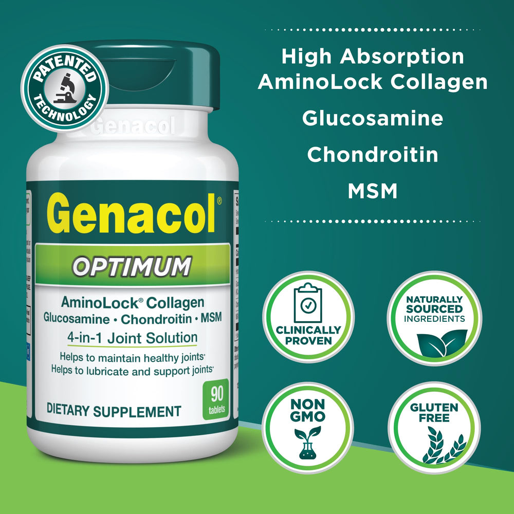 Genacol Optimum tablets closeup highlighting easy-to-swallow capsules for daily use.