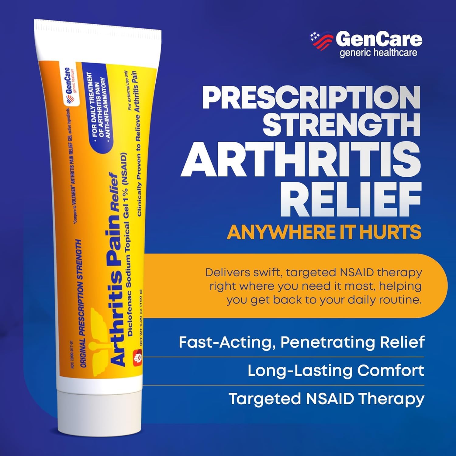 GenCare diclofenac gel tube being applied to a hand for fast-acting relief.