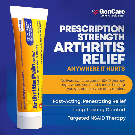 GenCare diclofenac gel tube being applied to a hand for fast-acting relief.
