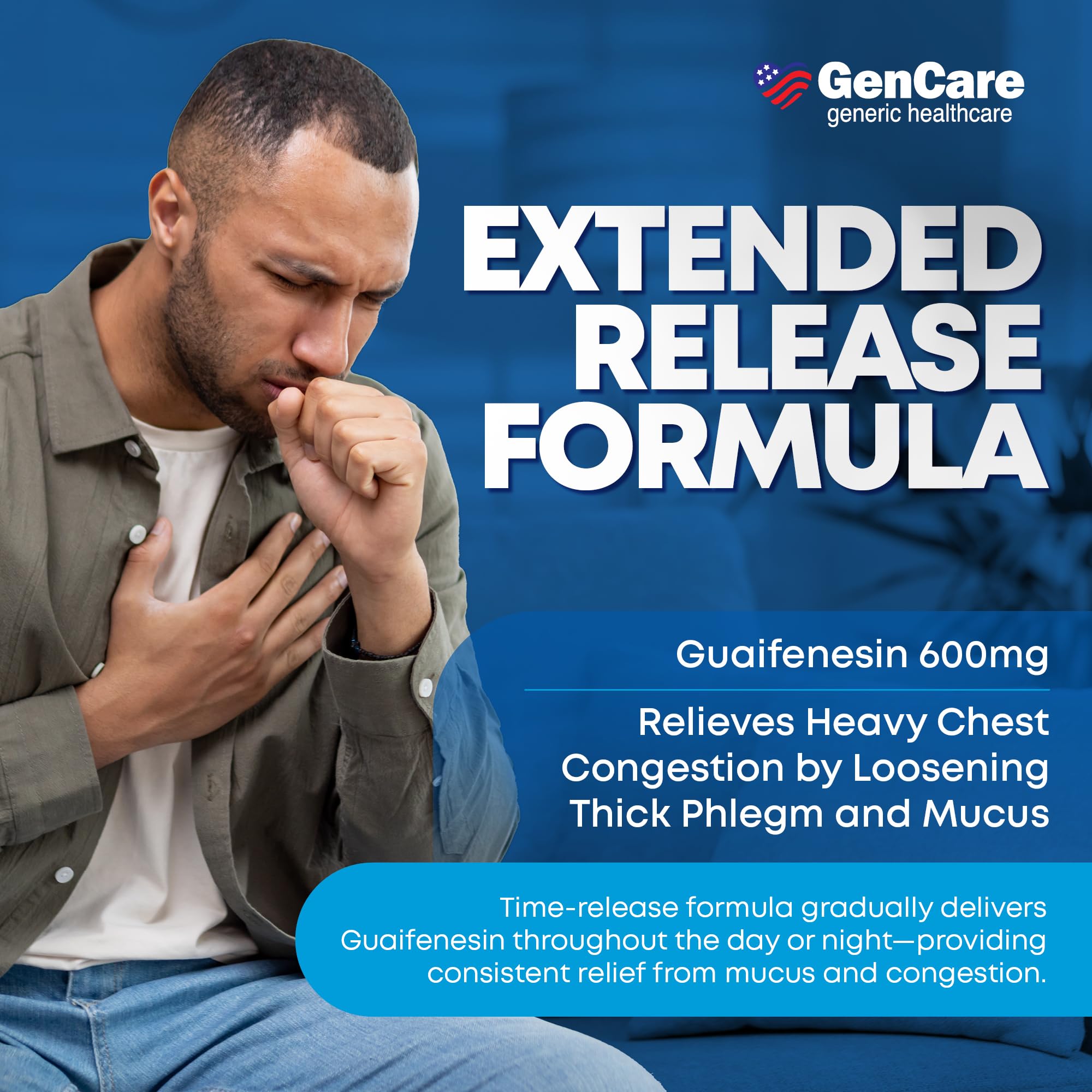 GenCare Mucus Relief tablets close-up with 600 mg dosage per tablet.
