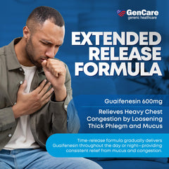 GenCare Mucus Relief tablets close-up with 600 mg dosage per tablet.