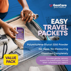 GenCare PEG 3350 powder dissolves in water, juice, or tea