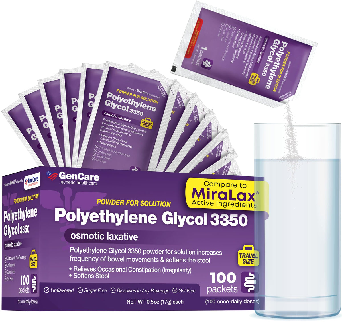 GenCare PEG 3350 powder travel packets close-up for on-the-go relief