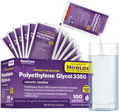 GenCare PEG 3350 powder travel packets close-up for on-the-go relief