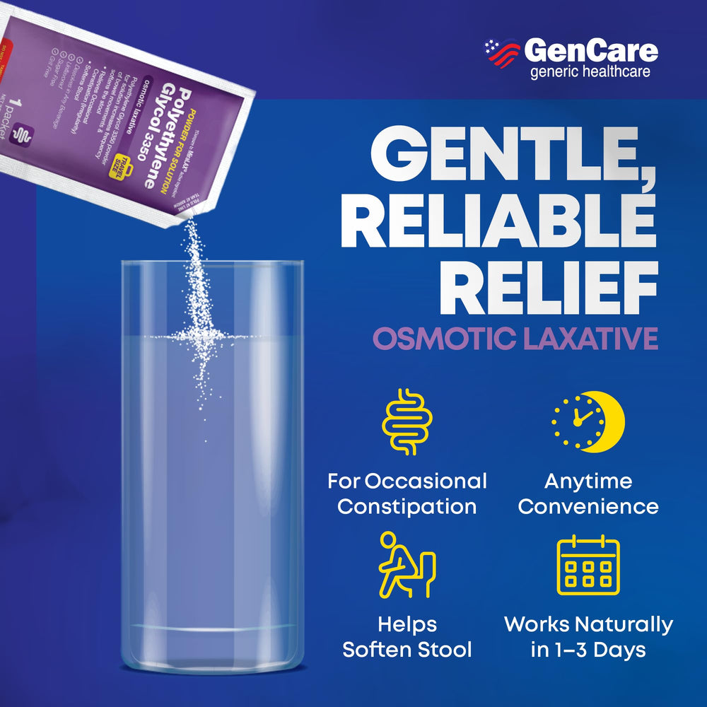 GenCare unflavored PEG 3350 powder blends easily in beverages.