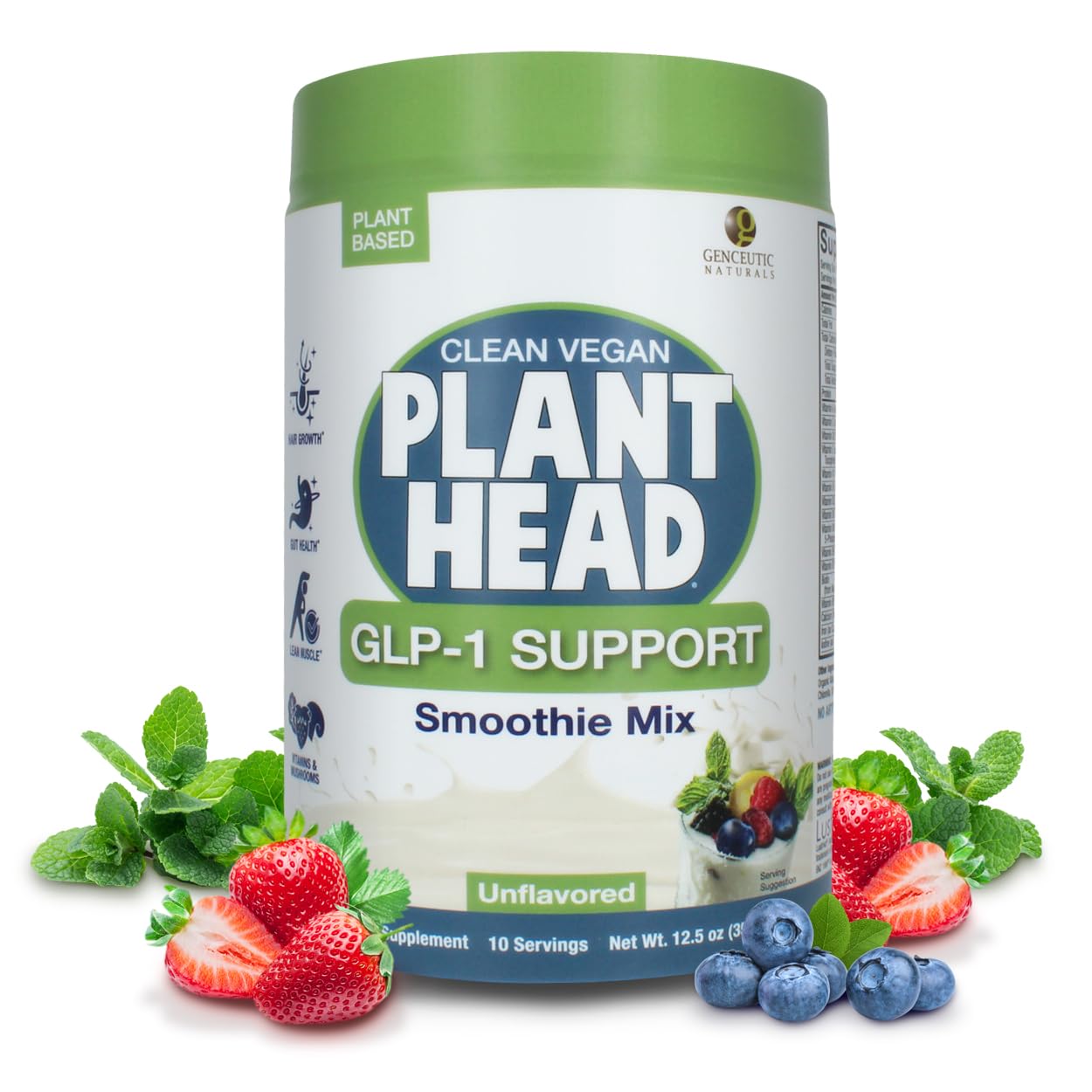Genceutic Naturals Plant Head GLP-1 bottle with unflavored powder for daily smoothies.