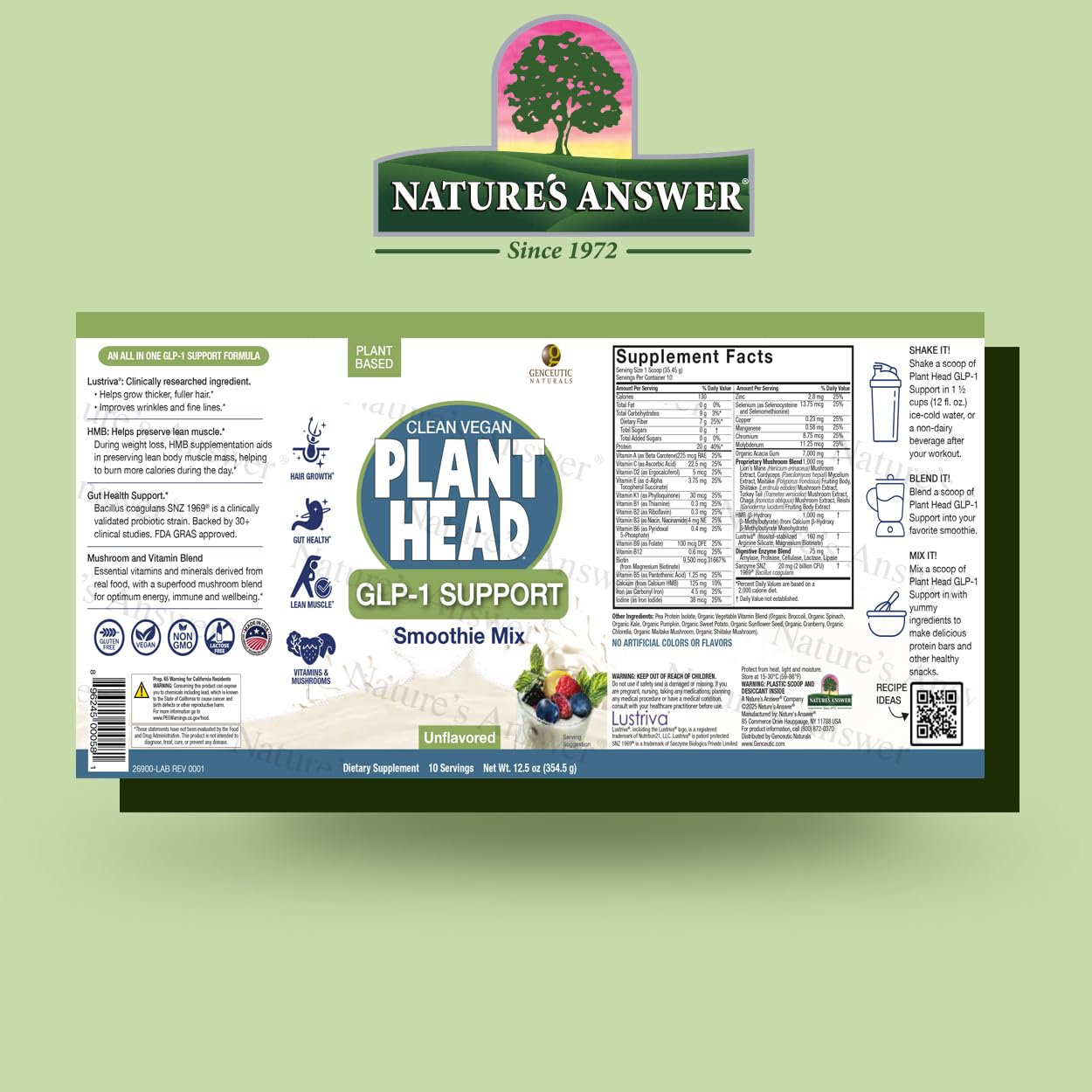 Plant Head GLP-1 label close-up highlighting vegan and gluten-free features.