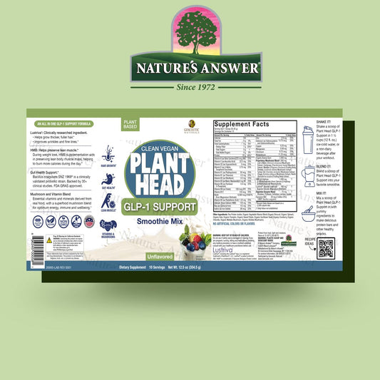Plant Head GLP-1 label close-up highlighting vegan and gluten-free features.