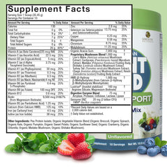 Scoop dispensing powder into a glass to show protein boost.