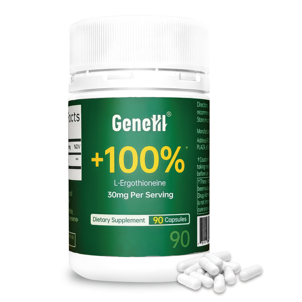 GENEIII Ergothioneine 90-serving bottle sits on a shelf.