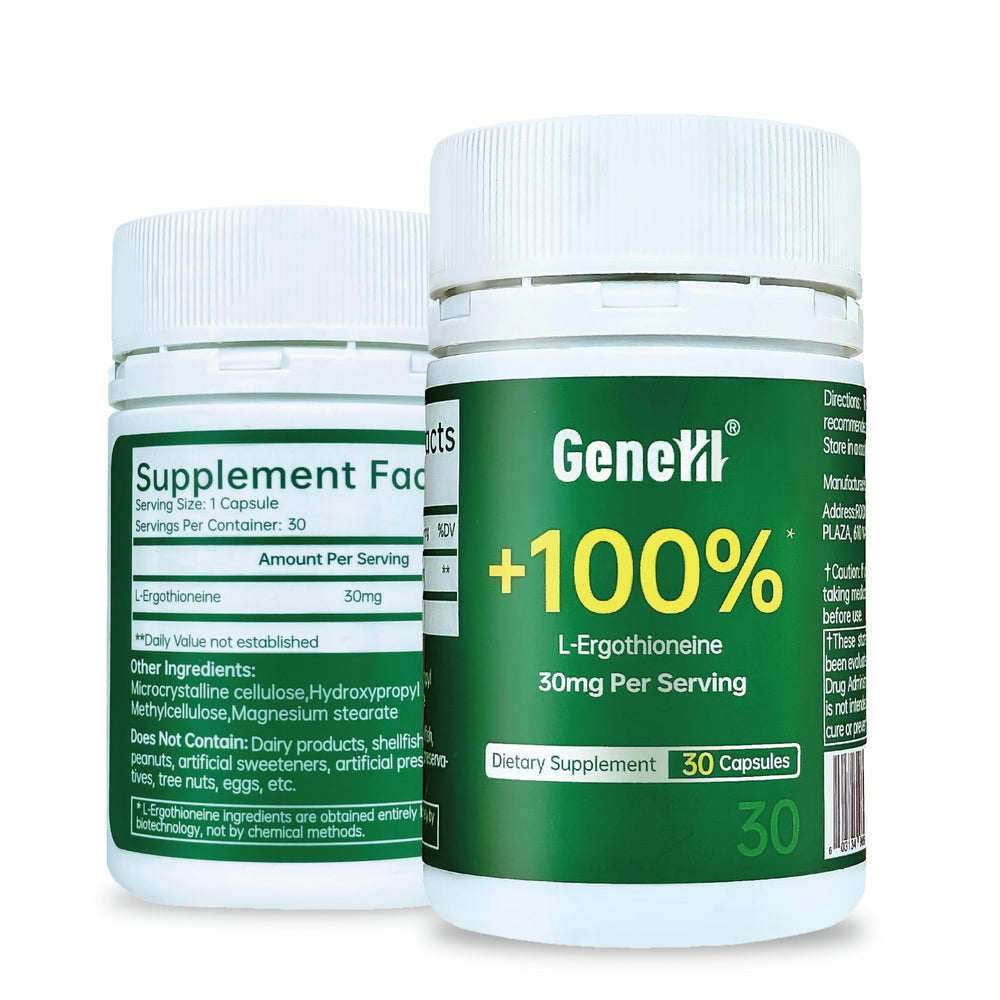 GENEIII ergothioneine bottle front for daily antioxidant support.