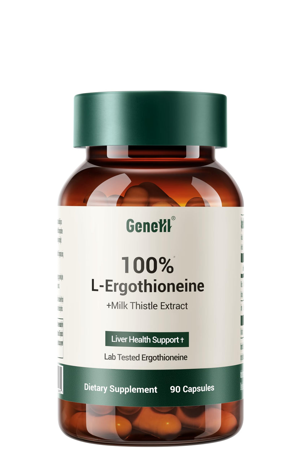 GENEIII ergothioneine bottle label highlights high purity and liver-support potential.
