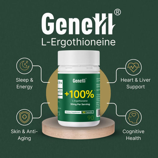 GENEIII Ergothioneine capsule closeup highlights high-purity capsules for daily use.