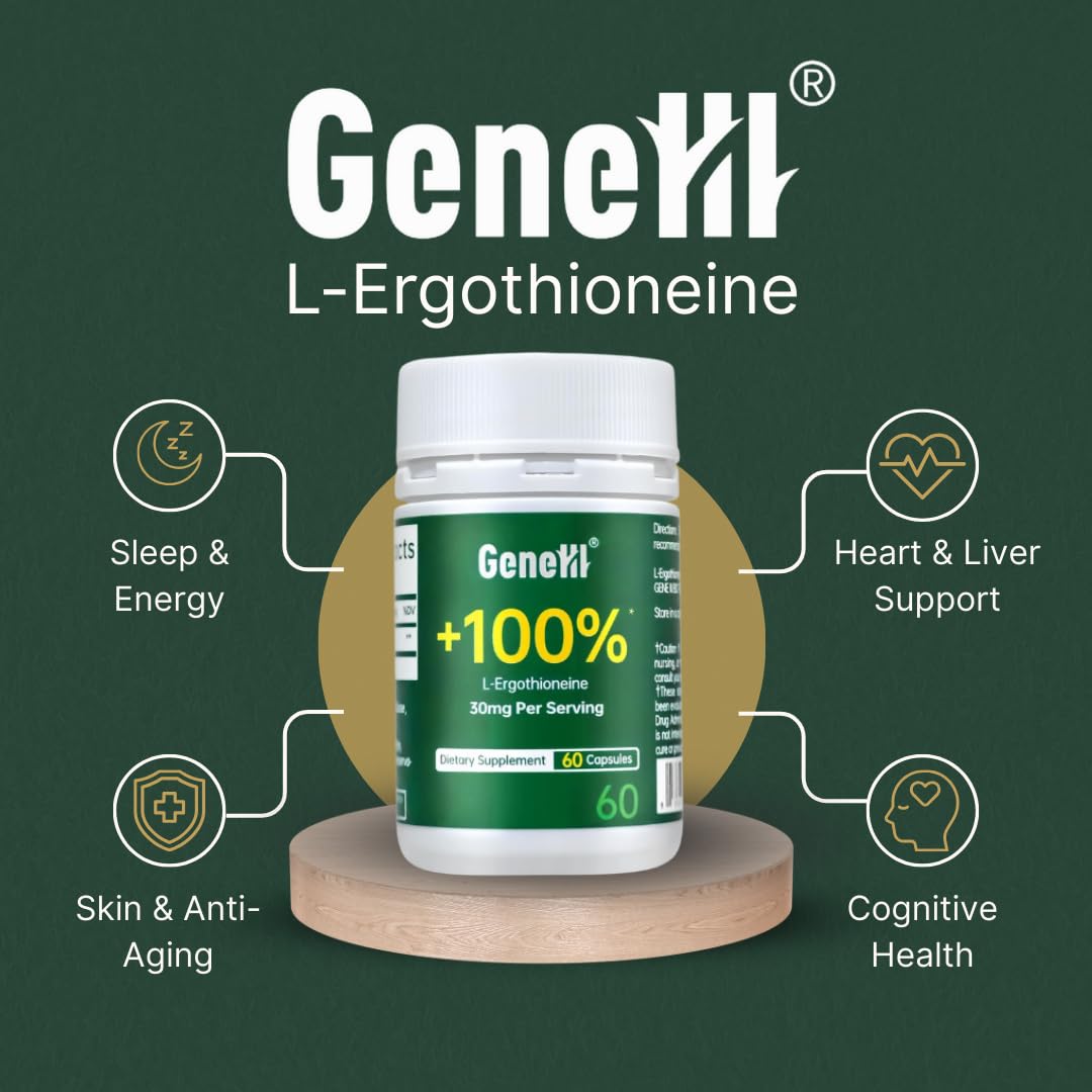 GENEIII ergothioneine capsules close-up highlighting 30 mg capsules for energy metabolism.