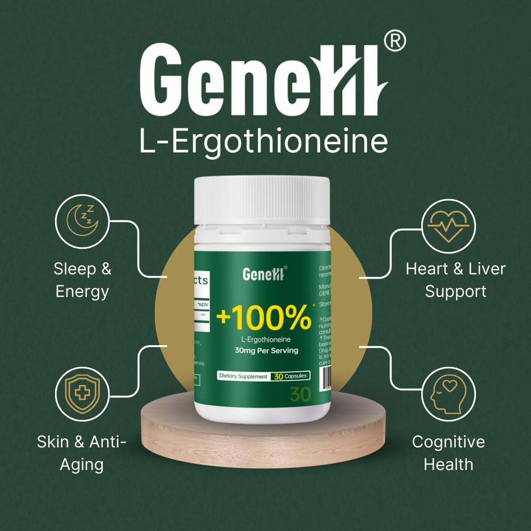 GENEIII ergothioneine capsules close-up showing 30 mg per serving.