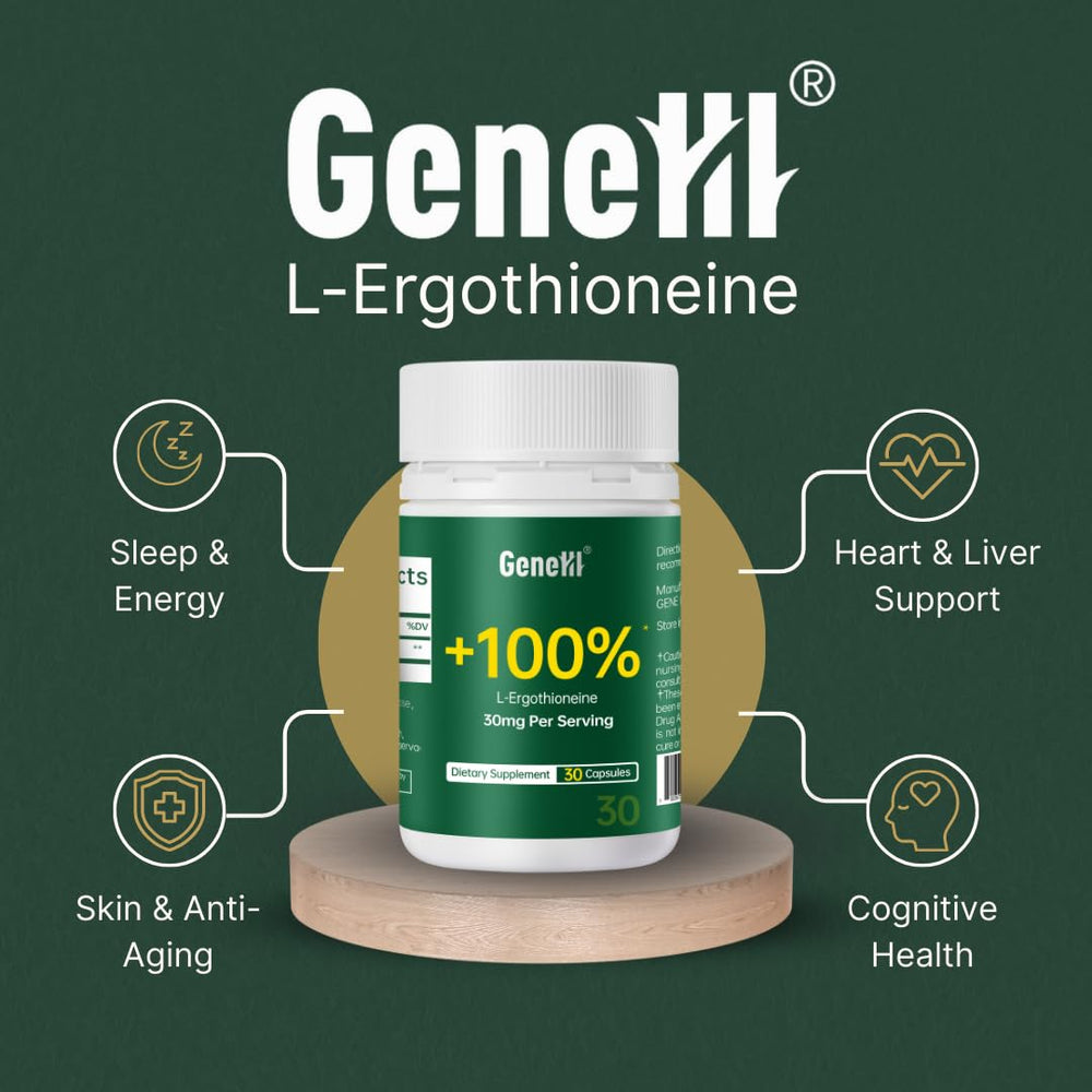 GENEIII ergothioneine capsules close-up showing 30 mg per serving.