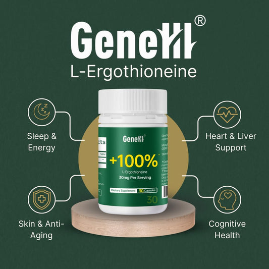 GENEIII ergothioneine capsules close-up showing 30 mg per serving.