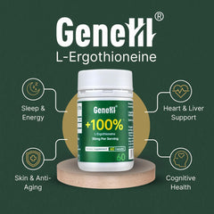 GENEIII ergothioneine capsules close-up highlighting 30 mg capsules for energy metabolism.