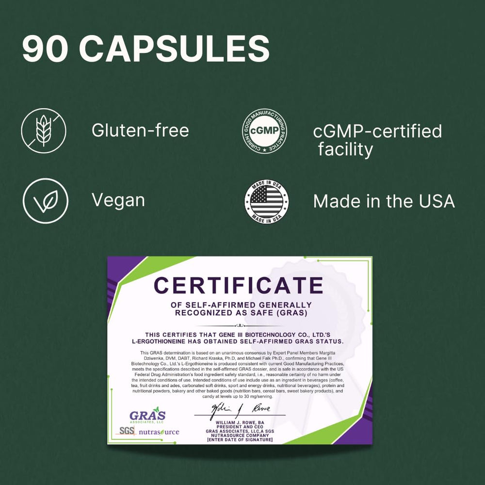 GENEIII Ergothioneine ingredients panel closeup lists 30 mg per capsule.