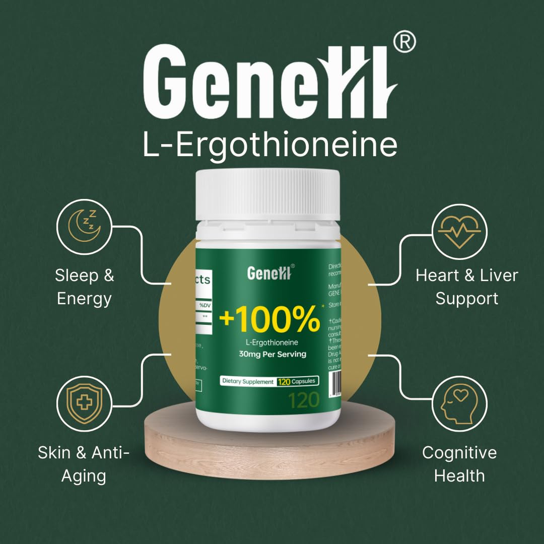 GENEIII L-Ergothioneine label closeup highlights high-purity and USA-made quality.