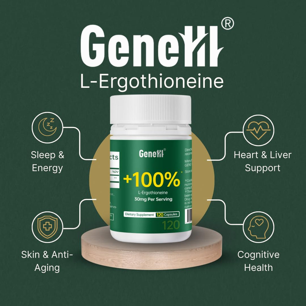 GENEIII L-Ergothioneine label closeup highlights high-purity and USA-made quality.