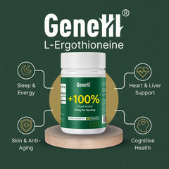 GENEIII L-Ergothioneine label closeup highlights high-purity and USA-made quality.
