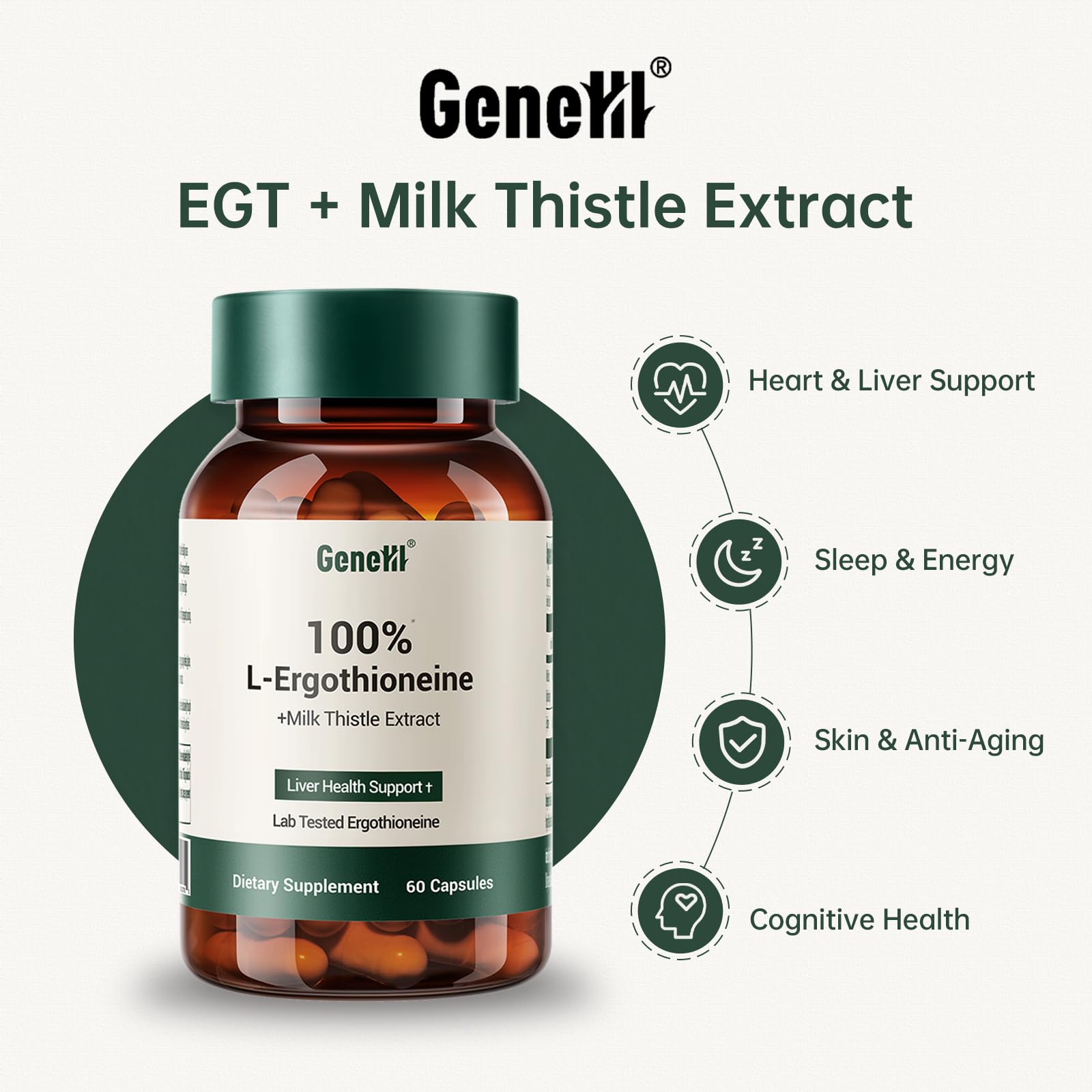 Close-up of ingredients showing high-purity ergothioneine and Milk Thistle label.