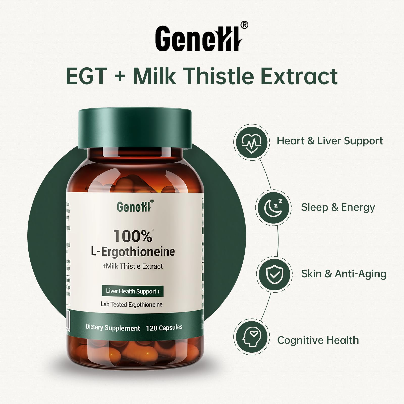 GENEIII label with ingredients showing 99.99% pure ergothioneine.