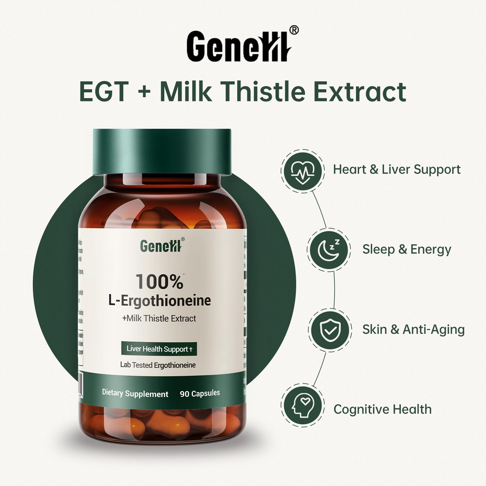 GENEIII milk-thistle extract bottle showcases plant-based liver-support ingredients.