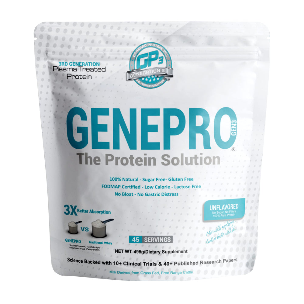 GENEPRO GEN. 3 unflavored protein bottle showing lactose-free formula for daily shakes