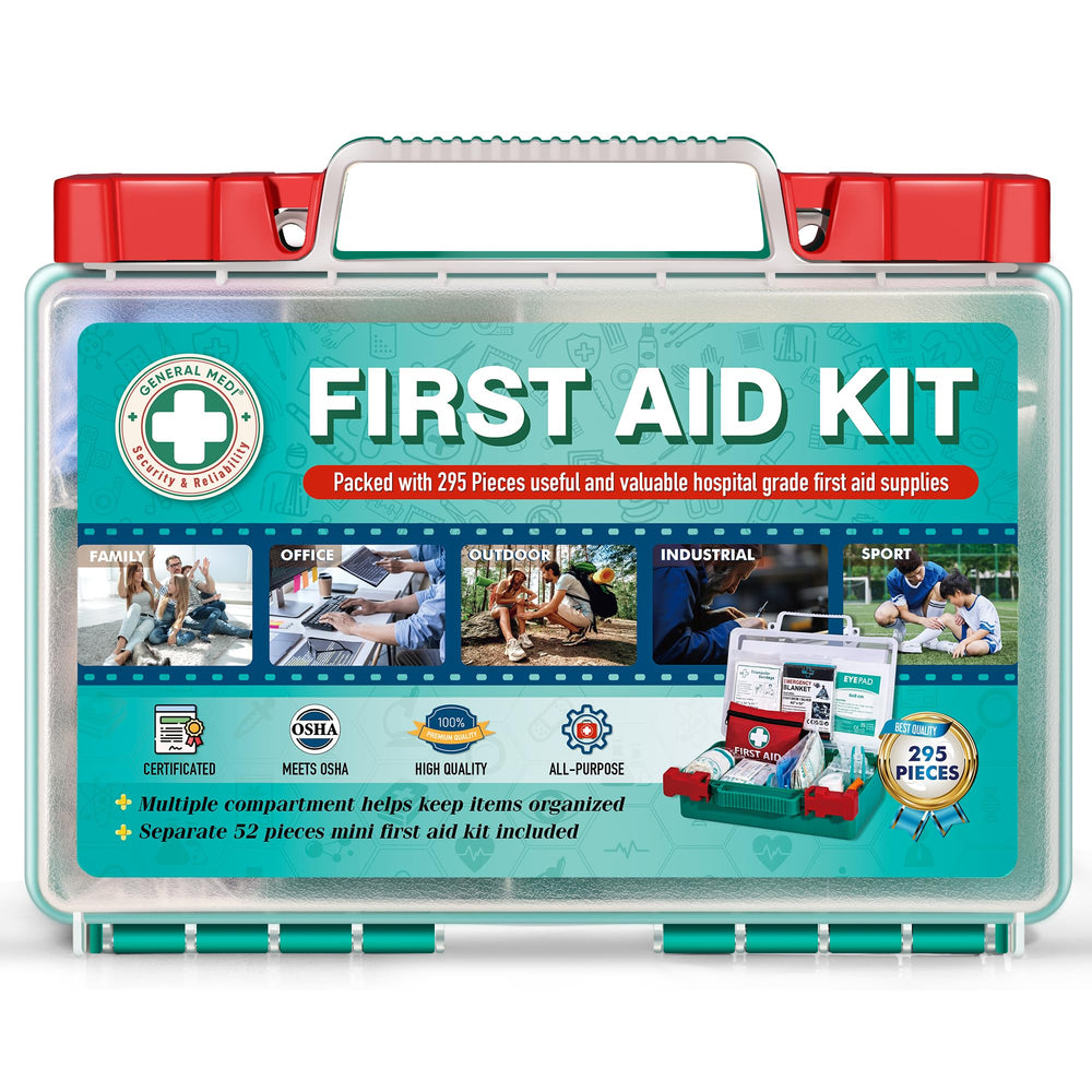 General Medi 295-piece first aid kit hardcase shown for travel readiness and organization