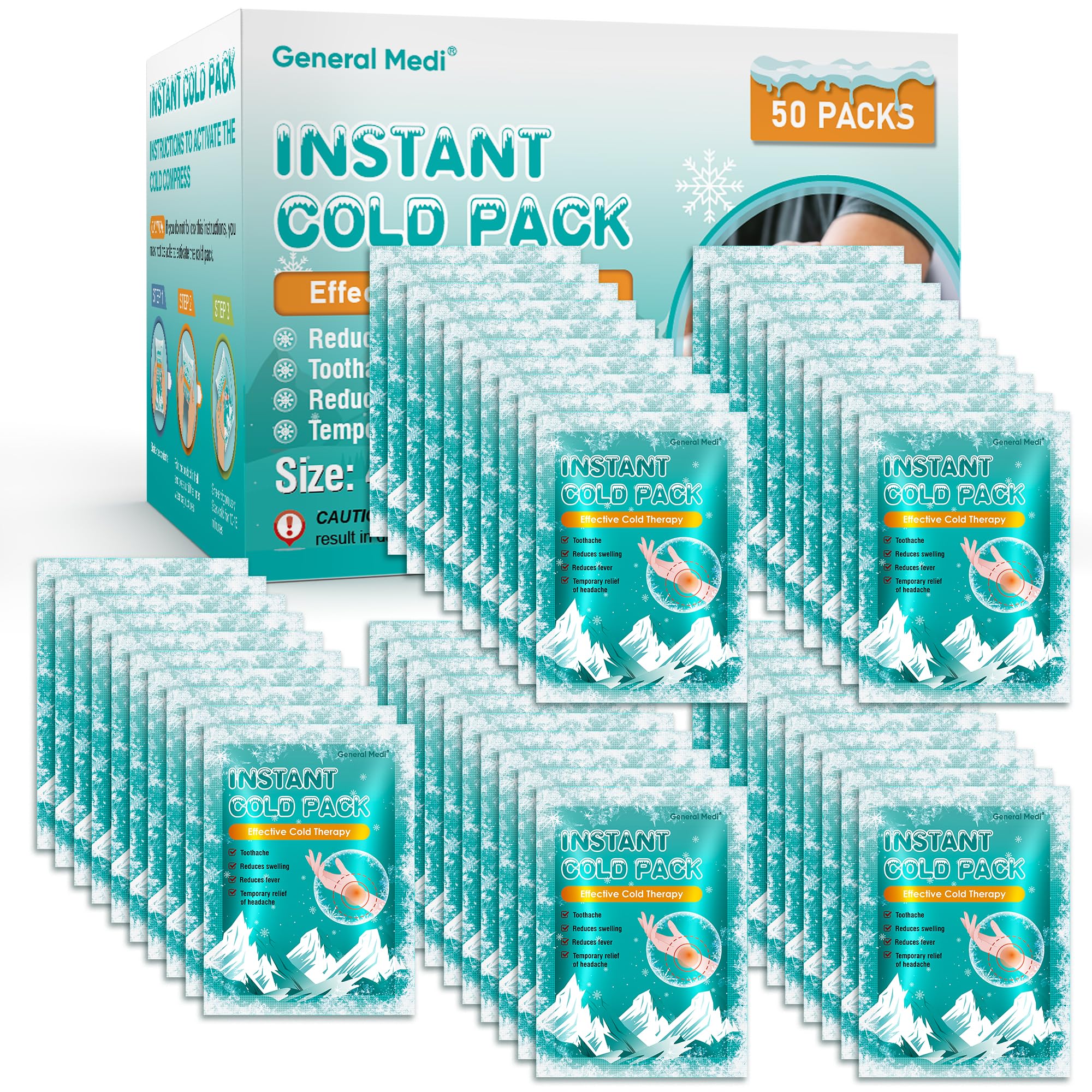 General Medi Instant Ice Pack 50-pack box, ready for quick cold therapy on the go.