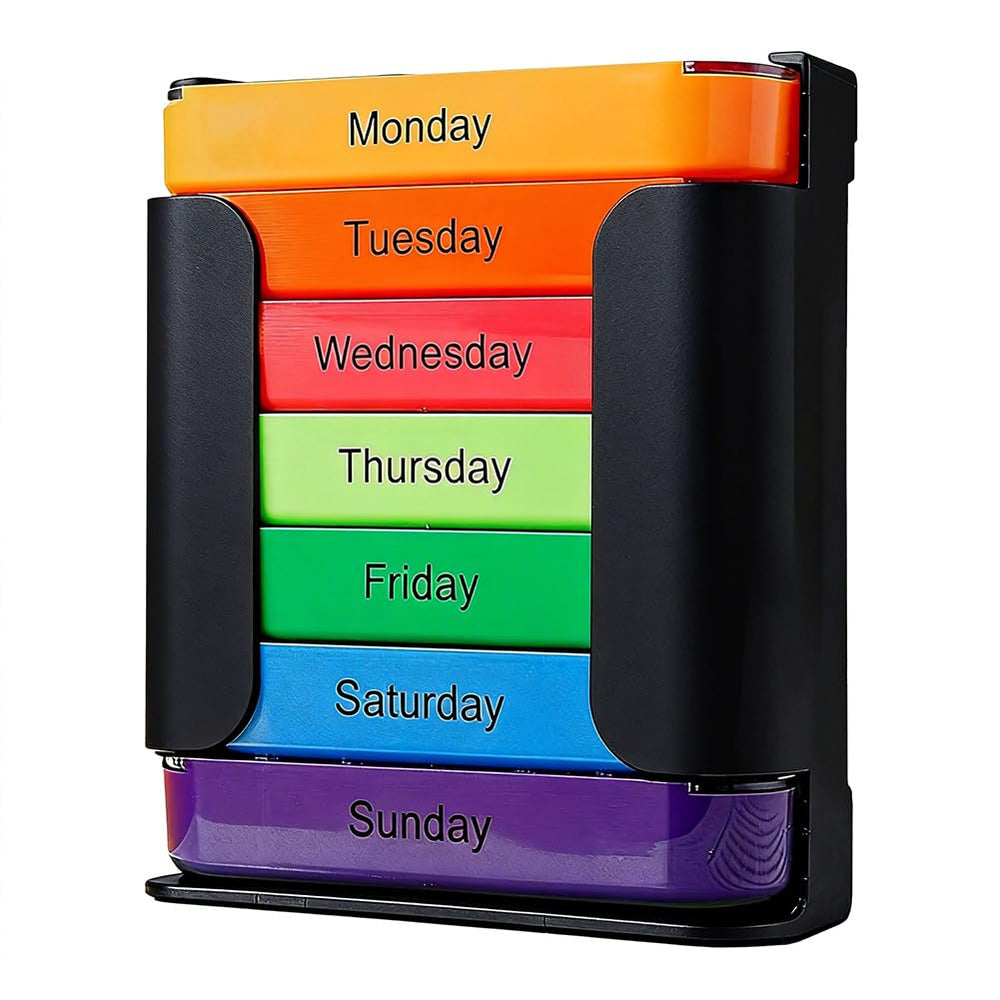 Generic 7-Day Medication Organizer with a clear lid for quick visual verification.