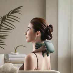 Generic massager adjustable strap demonstrates secure neck positioning.