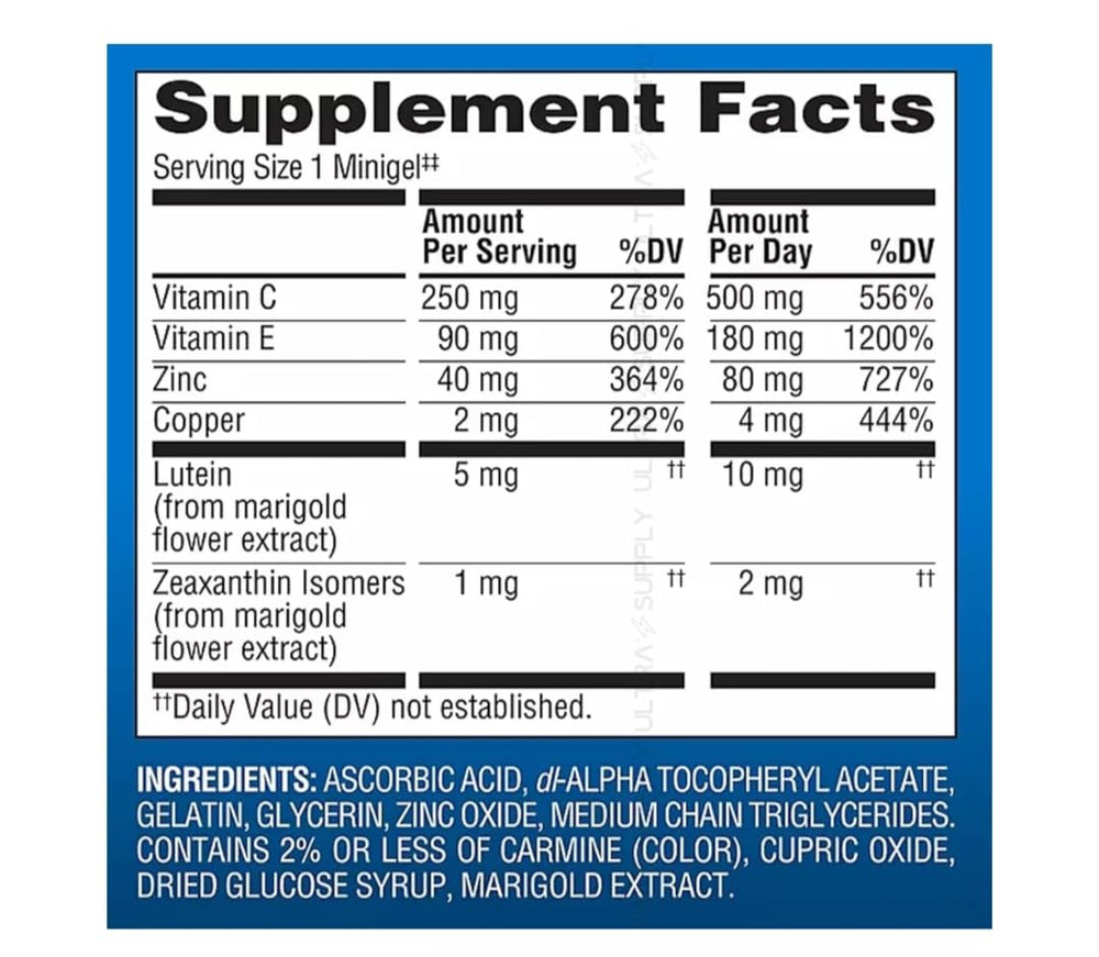 Generic Advanced Eye Health Minigels closeup highlighting antioxidants for eye nourishment.