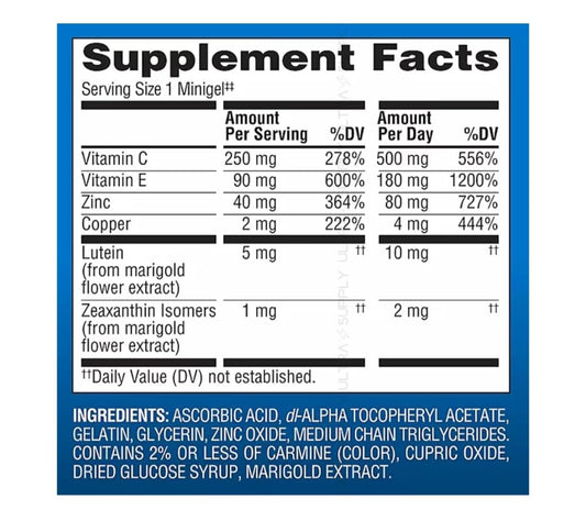 Generic Advanced Eye Health Minigels closeup highlighting antioxidants for eye nourishment.