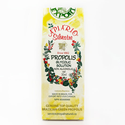 Generic Apiario Silvestre propolis label close-up highlights certifications and Halal status