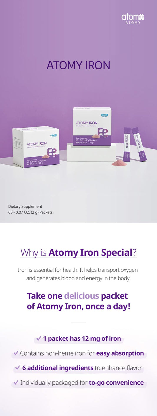 Generic A.T.O.M.Y. iron blueberry packaging back highlights non-GMO ingredients and flavor.
