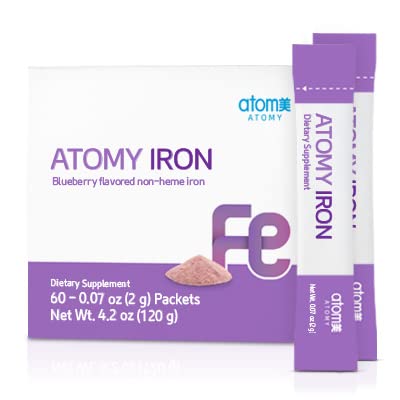 Generic A.T.O.M.Y. iron blueberry packaging front shows convenient non-heme iron for daily use.