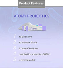 Generic Atomy Probiotics packaging design highlights blue blueberry flavor and convenient packets.