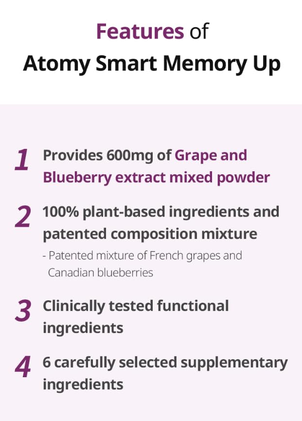 Generic Atomy Smart Memory Up tablets closeup shows 60 tabs for daily cognitive use