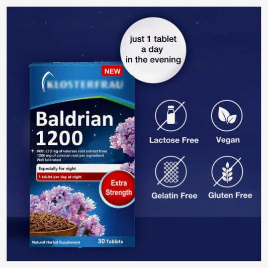 Generic Baldrian 1200 valerian tablet close-up for sleep support.