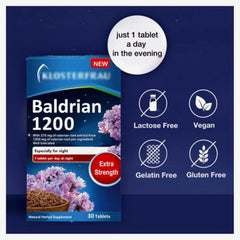 Generic Baldrian 1200 valerian tablet close-up for sleep support.