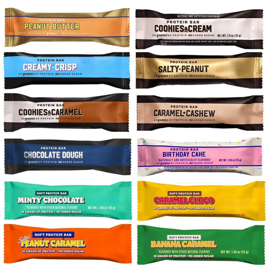 BarebeIIs Protein Bar Variety Pack Sampler front view for versatile snacking.
